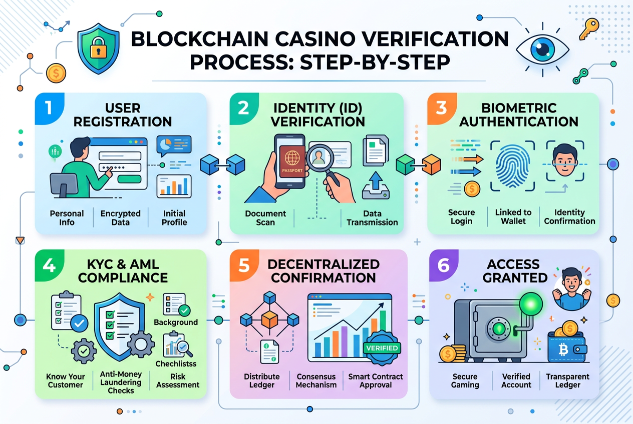 Infografika przedstawiająca techniczny proces weryfikacji kasyna kryptowalutowego
