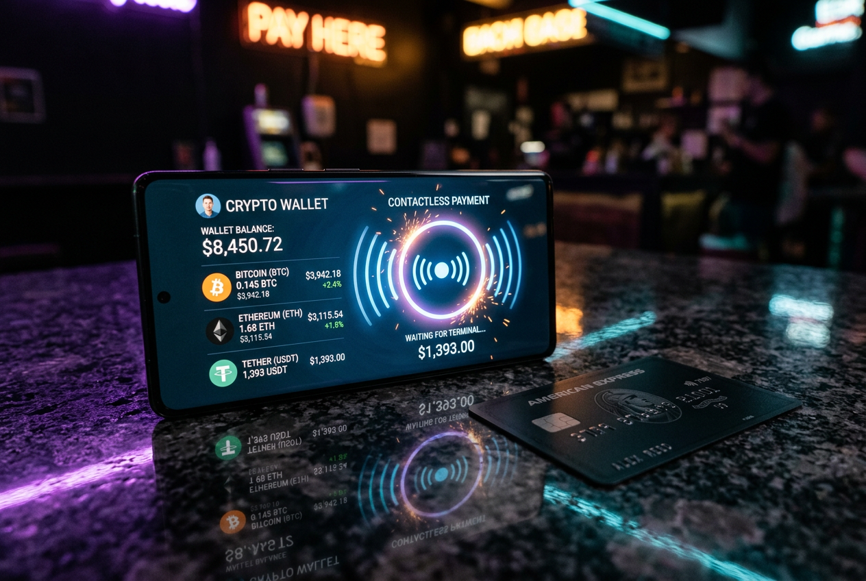 Elektroniczne portfele i ikony kryptowalut na smartfonie obok karty płatniczej